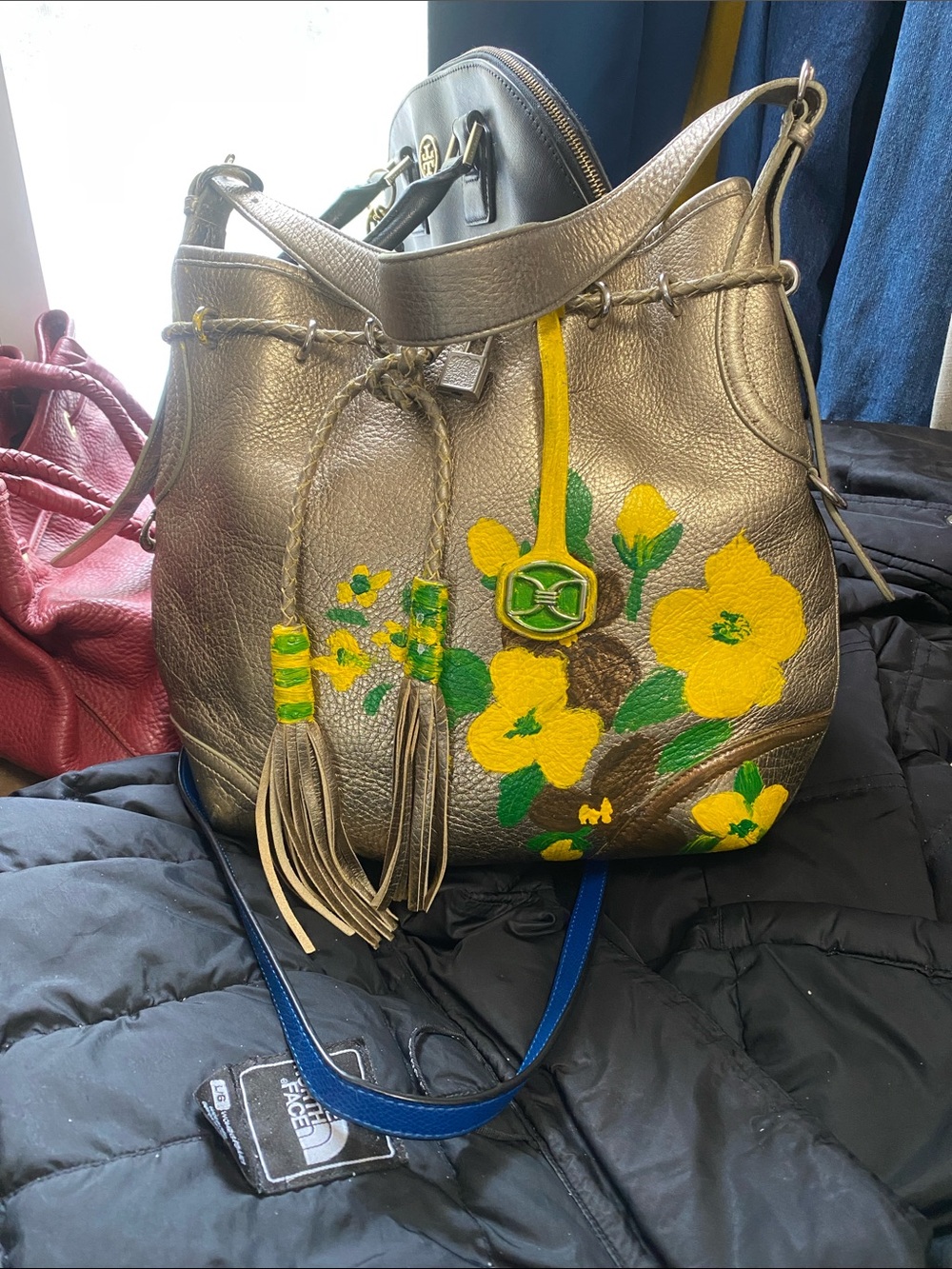 Metallic Bucket Bag with Yellow Floral Appliqué